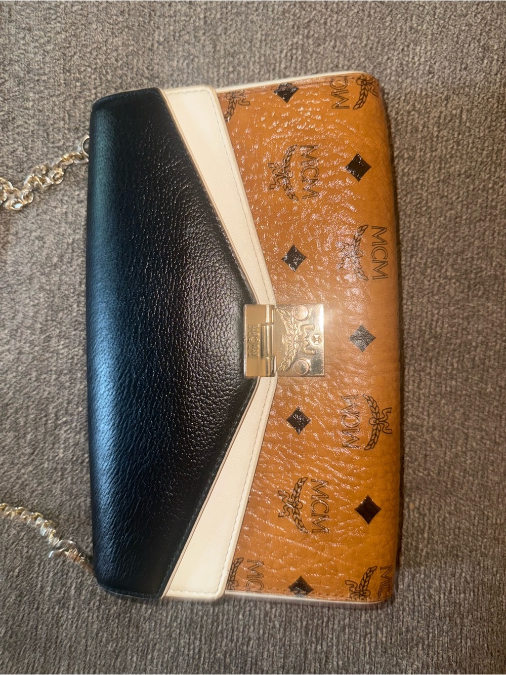 MCM Cognac Visetos Coated Leather Black & White Leather Crossbody Shoulder Bag